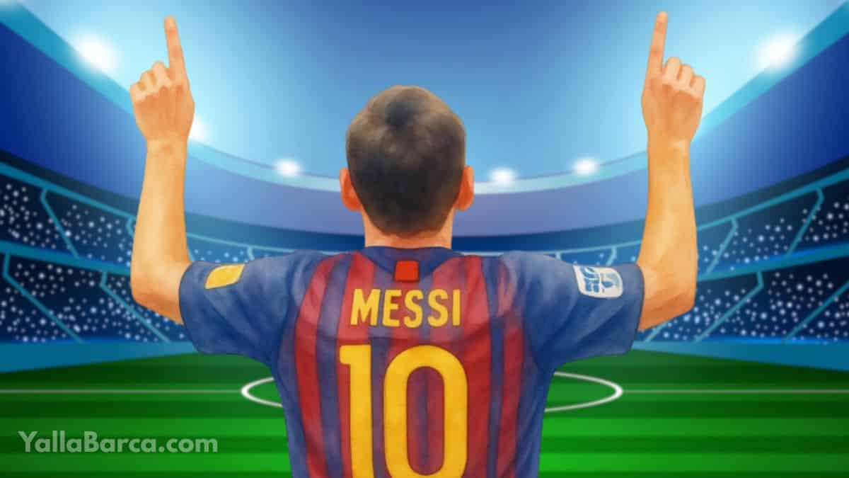 ليونيل ميسي يرفع يديه للسماء احتفالاً بهدف، مهدياً إياه لجدته سيليا التي شجعته في طفولته بنادي غراندولي