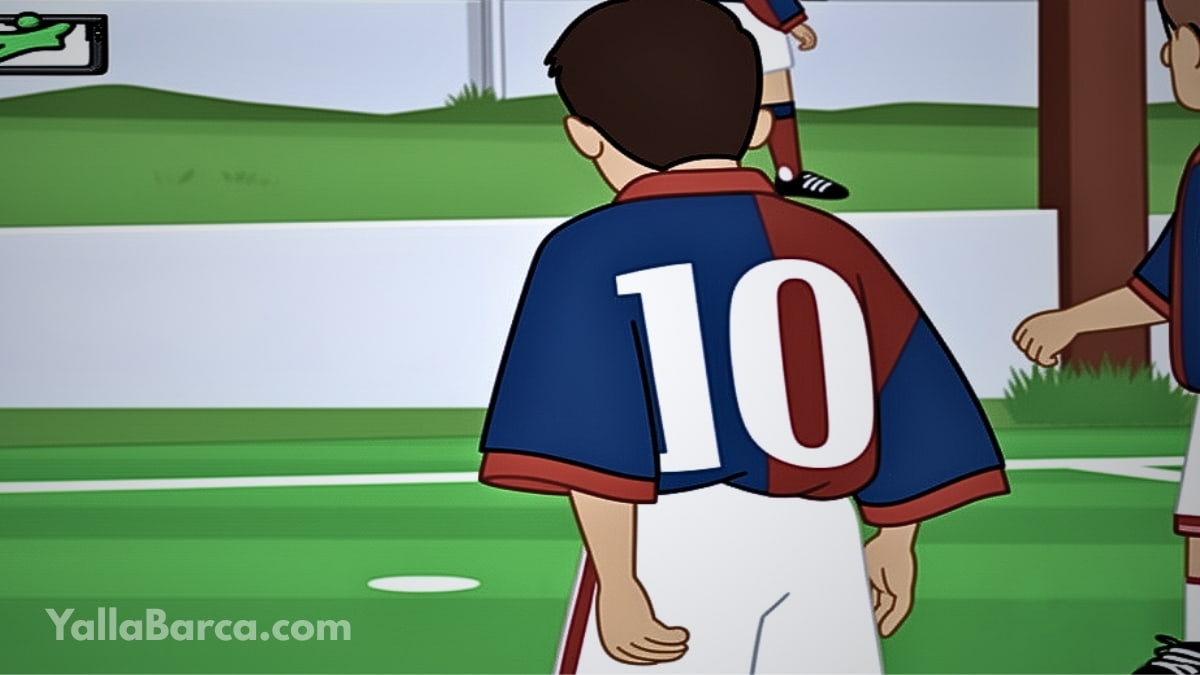 رسم توضيحي (Illustration) دقيق مستوحى من لقطة نادرة لـ ليونيل ميسي في طفولته بقميص نيويلز أولد بويز والرقم 10، يظهر ظهره وهو يستعد للمراوغة،