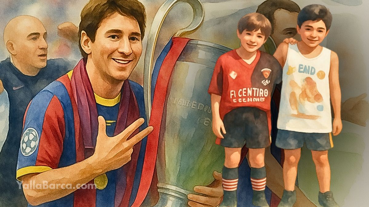 تصميم فني يجمع بين ليونيل ميسي في طفولته بقميص نادي نيولز أولد بويز وميسي الأسطورة بقميص برشلونة حاملاً كأس دوري أبطال أوروبا