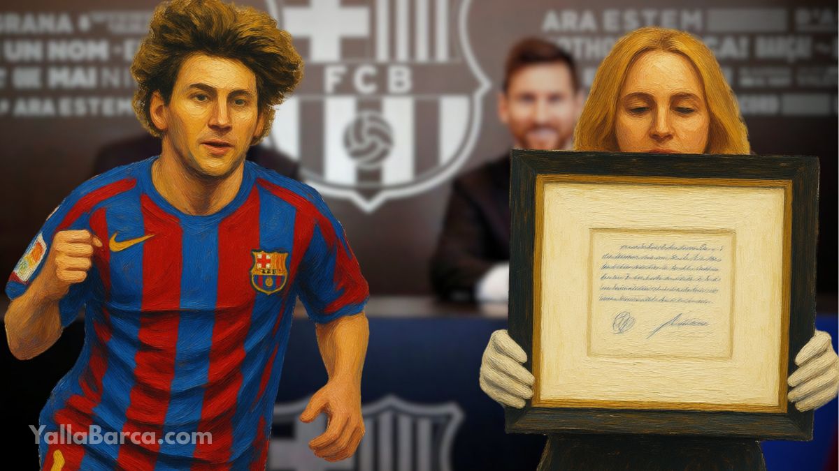 "صورة تاريخية لمنديل الطعام الذي وقع عليه ميسي أول عقد له مع نادي برشلونة عام 2000