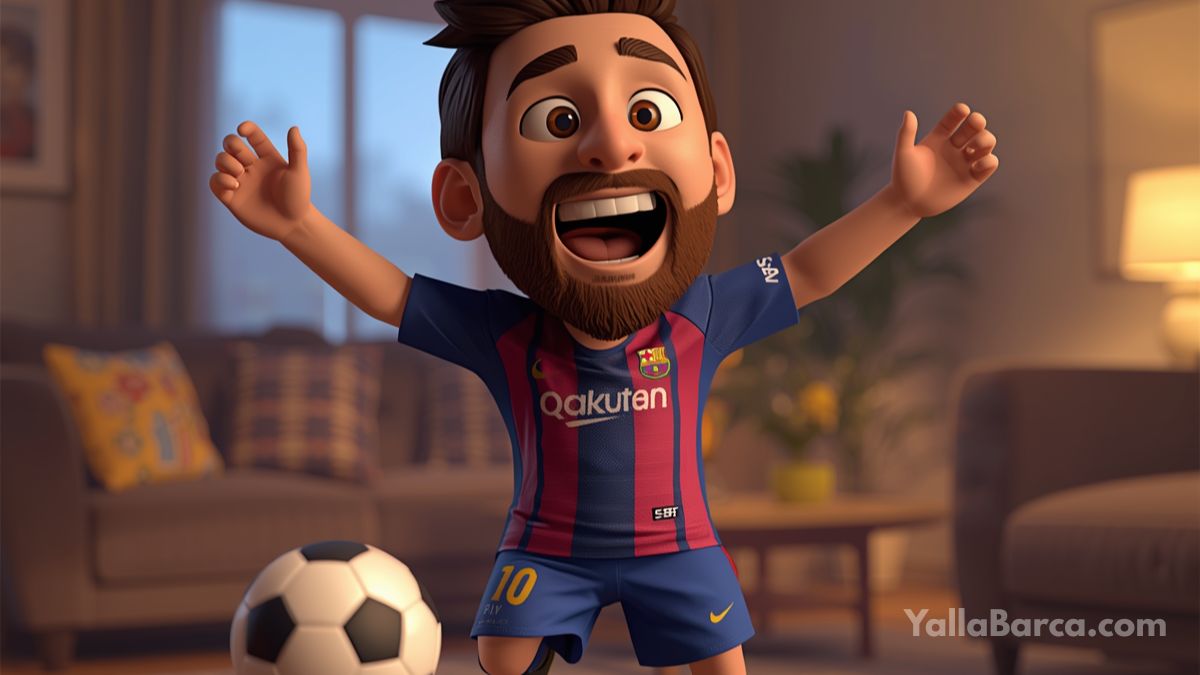 ليونيل ميسي في طفولته ممسكاً بيده قبضة تحكم بلايستيشن بملامح جدية تعكس هوسه بالفوز وكراهيته للخسارة.